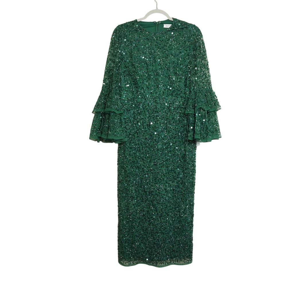 Mac Duggal Emerald Green Sequin Tiered Ruffle Bell Sleeve Midi Dress Size 10 NEW - Picture 2 of 11